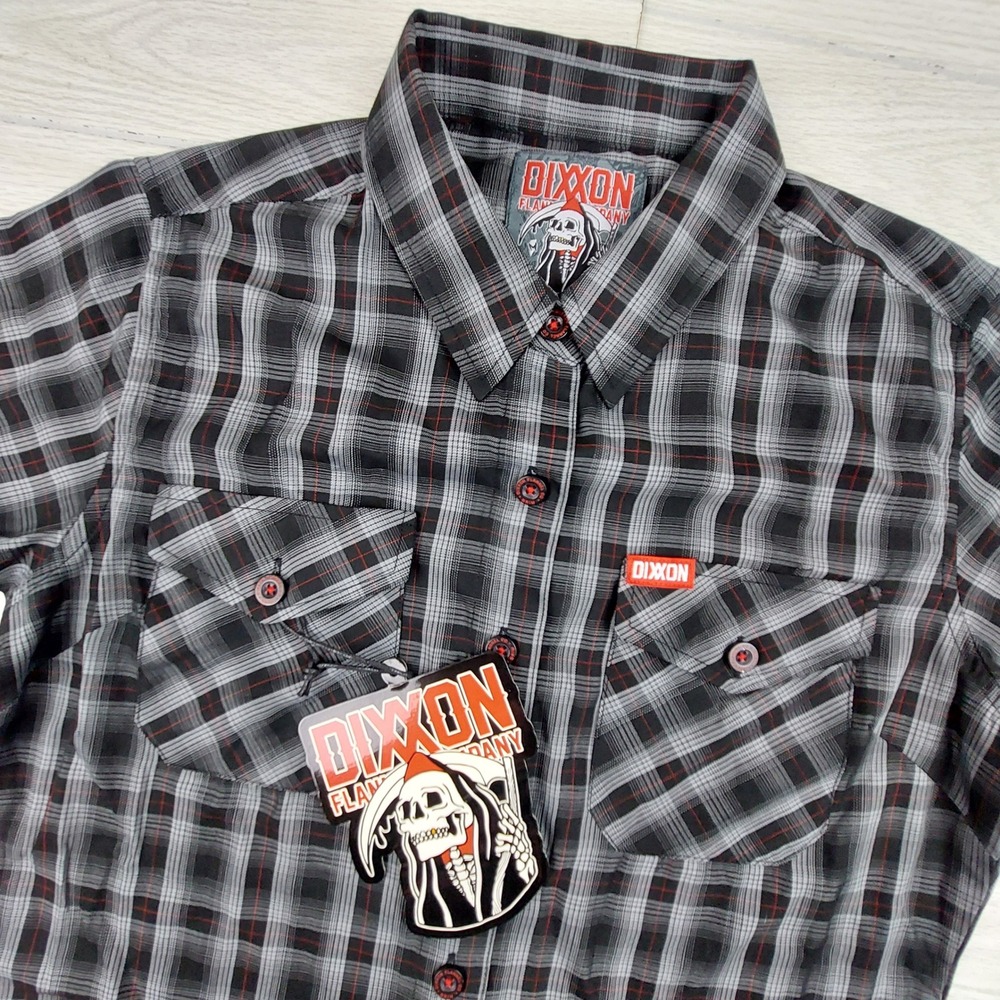 Dixxon The Grim Short Sleeve Shirt Womens Medium Black Grey Red Plaid Bamboo